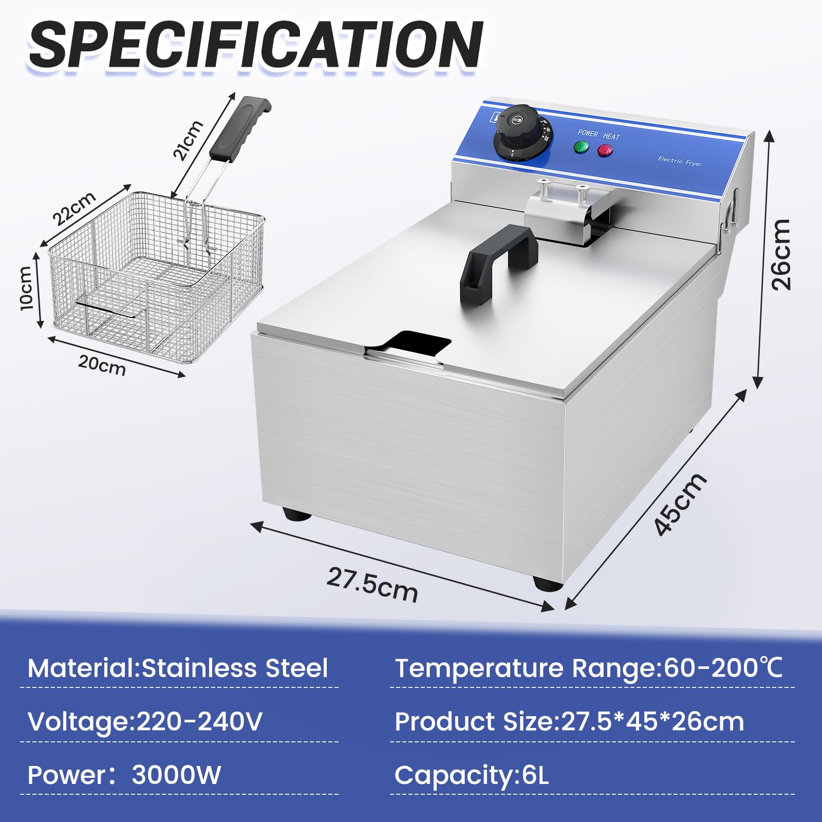 10L Profi Elektro Fritteuse Friteuse Gastro, Max Ölkapazität 6L | Elektrische Fritteuse mit Korb 3000W, Edelstahl elektrische Fritteuse mit Öl, Maximale Ölkapazität 6L, Thermostat 60–200 °C