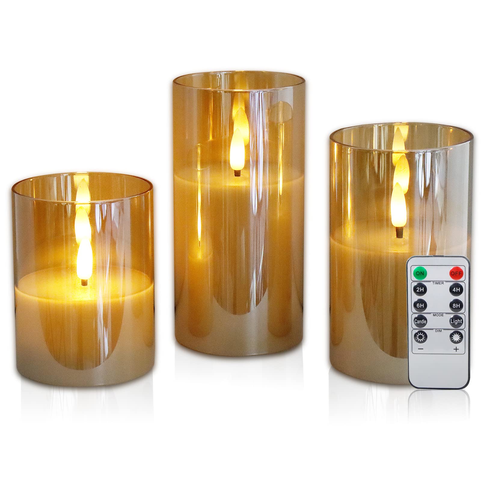 CCLIFE Velas eléctricas y LED de cera real con control remoto, función de temporizador, hechas de parafina, Funcionamiento con batería,Cristal Dorado 3 Piezas