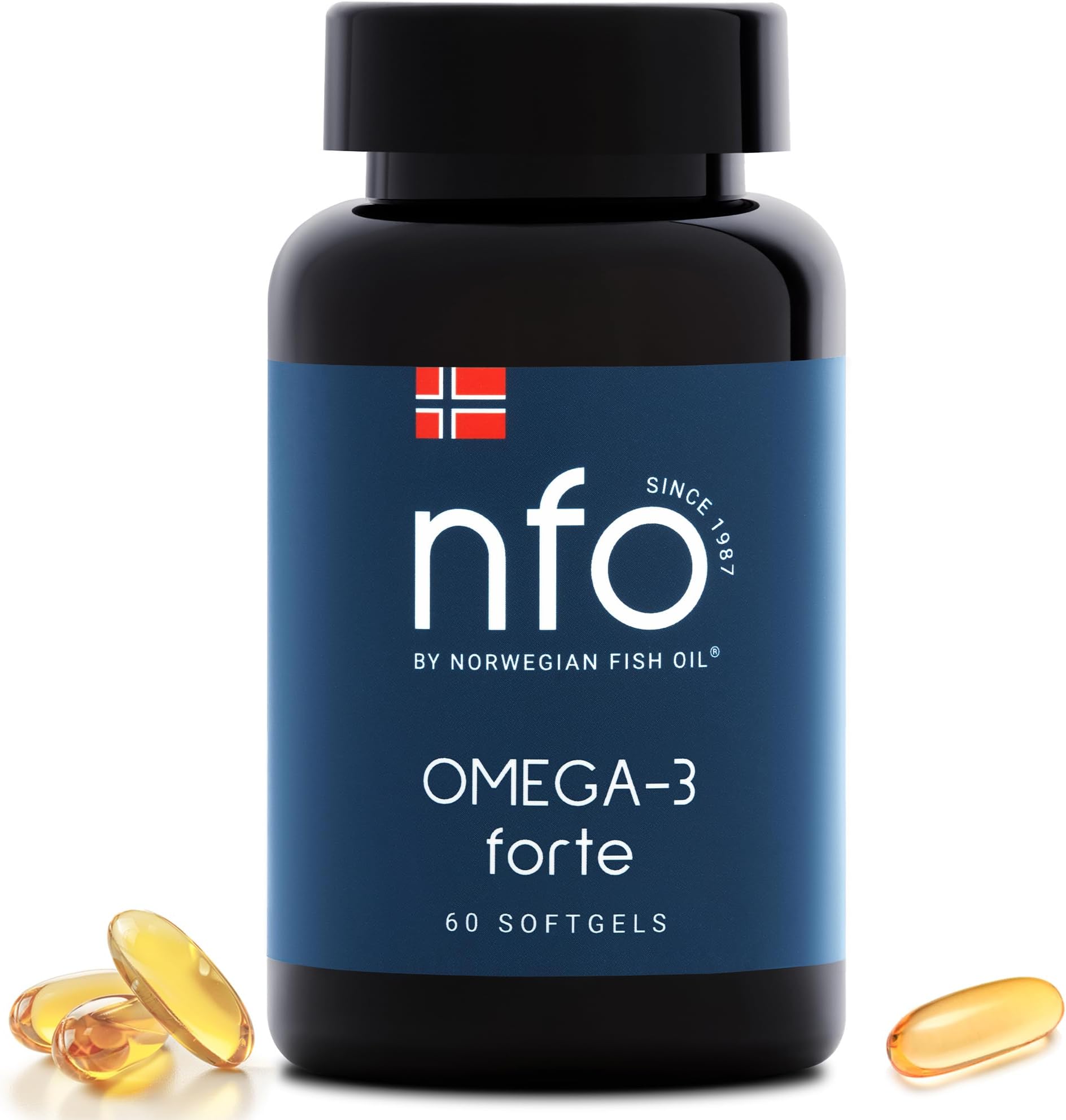 NFO OMEGA 3 FORTE [60 Capsules] Norwegian Fish Oil High concentration of EPA:DHA + Vitamin E and Fish Gelatin Natural complex for adults and kids +3 years Made in Norway from freshly caught wild fish