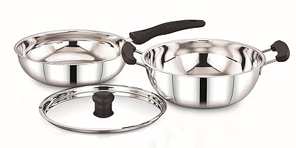 Sowbaghya Elite 3Pcs Stainless Steel Set | Induction Base | Cookware Set | SS deep kadai and Fry pan with Lid