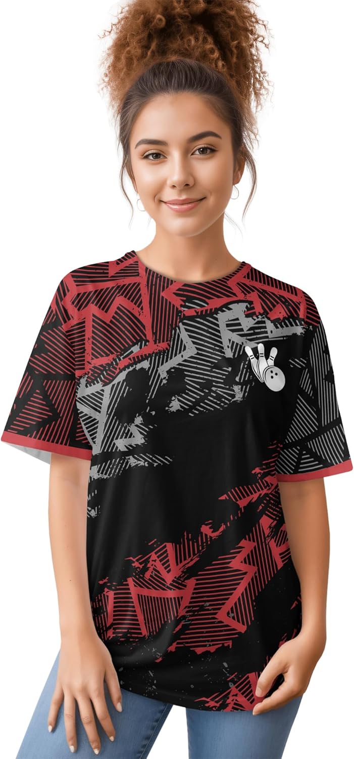 Unisex Bowling T-Shirt Customized Red Striped Bowling Pin T Shirt Printing Bowling Themed Clothes