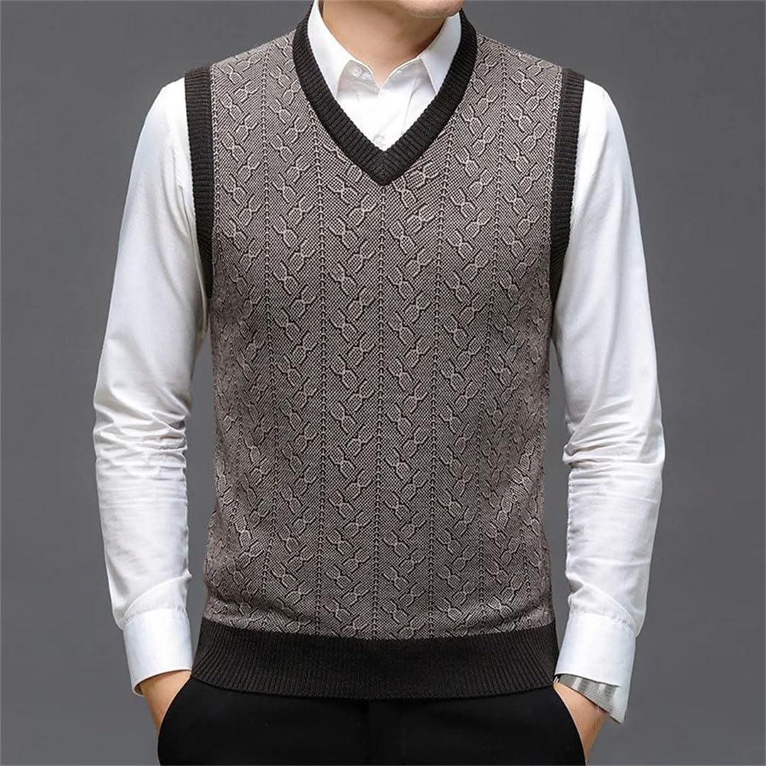 Men Wool Knit Sweater Vest Fall Solid Color Textured Thick Winter Sleeveless Pullover