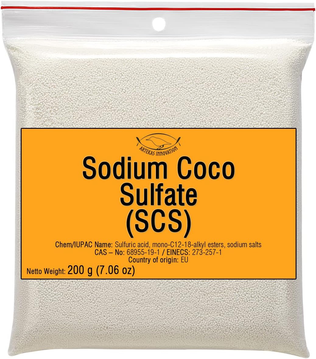 SODIUM COCO SULFATE (SCS) - Fine Granules - Anionic, Foaming Surfactant - for Homemade Solid Shampoo Bars, Soap, Foamy, Bubbly Products, Hair, Body - 200 g | 7.06 Oz
