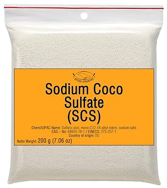 Sodium Coco SULFATE SCS - Fine Granules - Anionic, Foaming Surfactant - for Homemade Solid Shampoo Bars, Soap, Foamy, Bubbly Products, Hair, Body - 200 g | 7.06 Oz