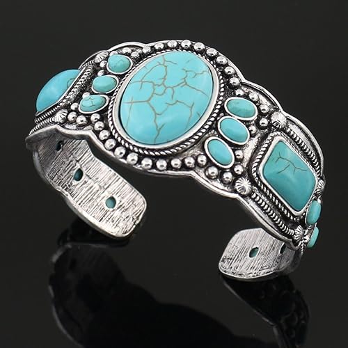 Miniatura 4 de Pulsera de turquesa comprimida con base chapada en rgentium antiguo para mujer, joyería de moda