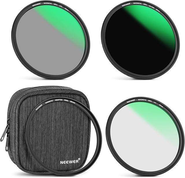 NEEWER 82mm 4-in-1 Magnetic Lens Filter Kit, Includes Neutral Density ND1000+MCUV+CPL+Adapter Ring with 42-Layer Coating/Ultra Slim/Waterproof/Scratch Resistant HD Optical Glass&Water-resistant Pouch