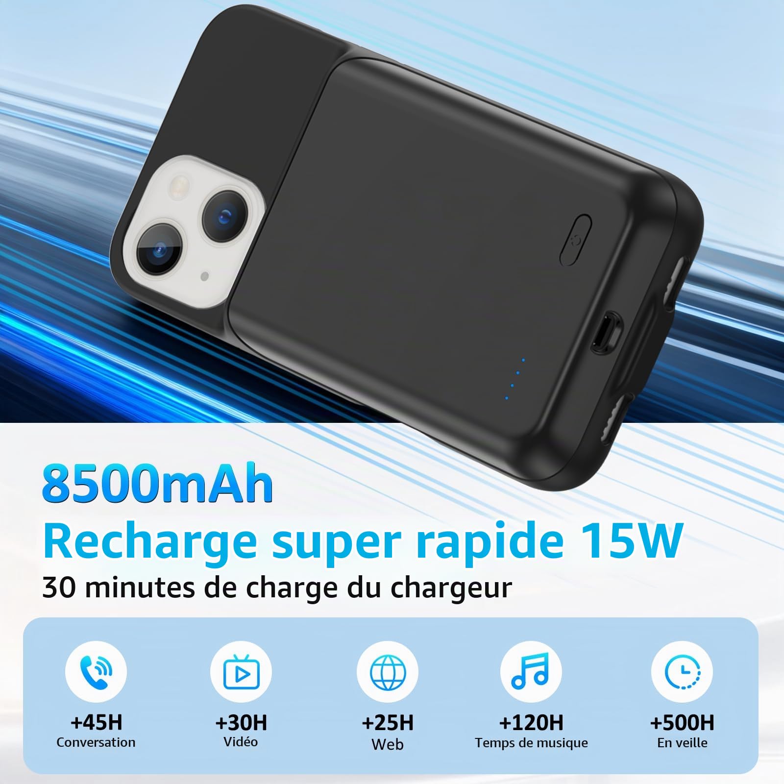 Coque de protection pour iPhone 13 (6,1 "), 8500 mAh, chargeur portable ultra fin, batterie étendue, chargeur de téléphone et coque de protection avec fonction de charge pour iPhone 13 - Noir