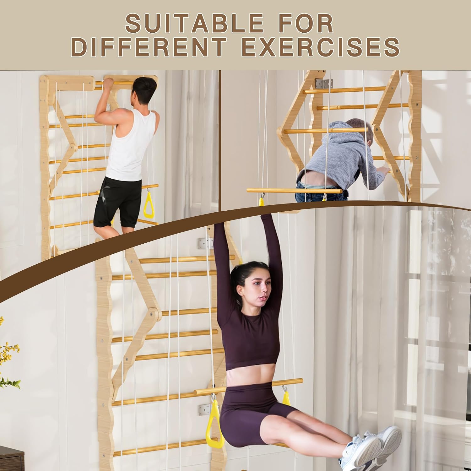 Wooden Swedish Ladder Wall Gym, 7 in 1 Indoor Jungle Gym with w/Pull-Up Bar, Gym Rings, Swing, Rope Ladder, Horizontal Bar, Wall Ladder and Slide, Foldable Toddler Climbing Toys for Kids