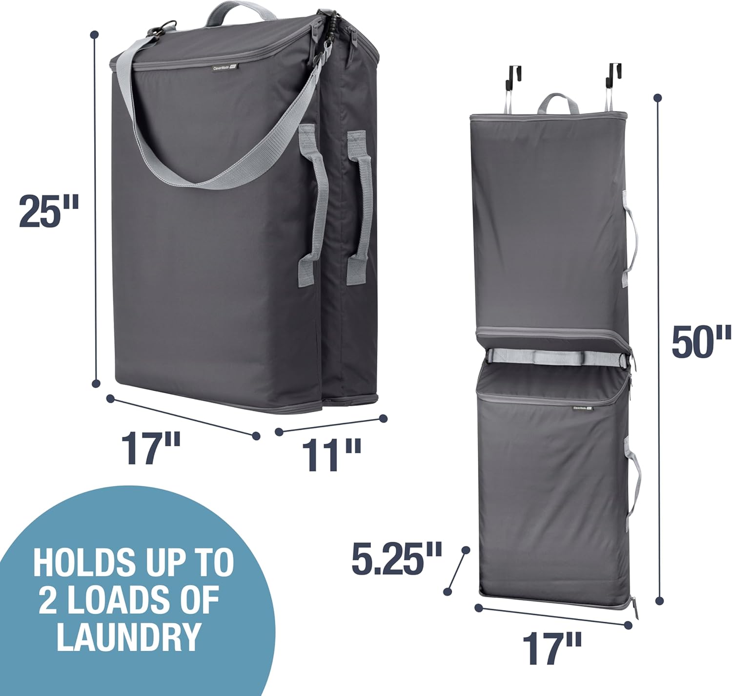 CleverMade Hanging Laundry Hamper Bag with Over the Door Hooks, Stone image 5