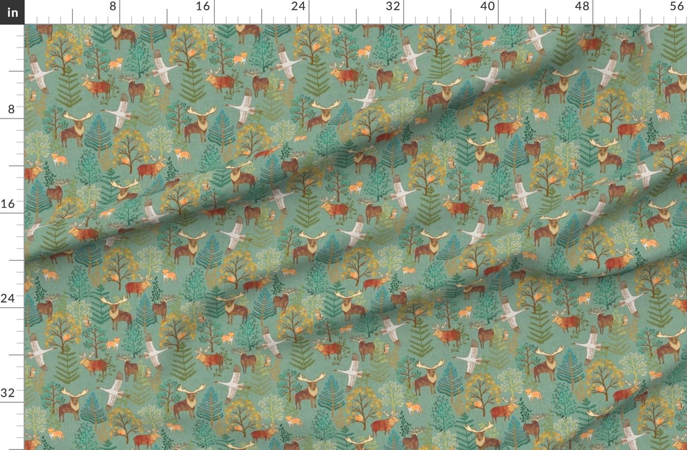 Spoonflower Fabric - Wild Forest Squirrels Pine Maple Cranes Wildlife Foxes Printed on Organic Cotton Sateen Fabric by The Yard - Sewing Quilting Apparel Home Decor