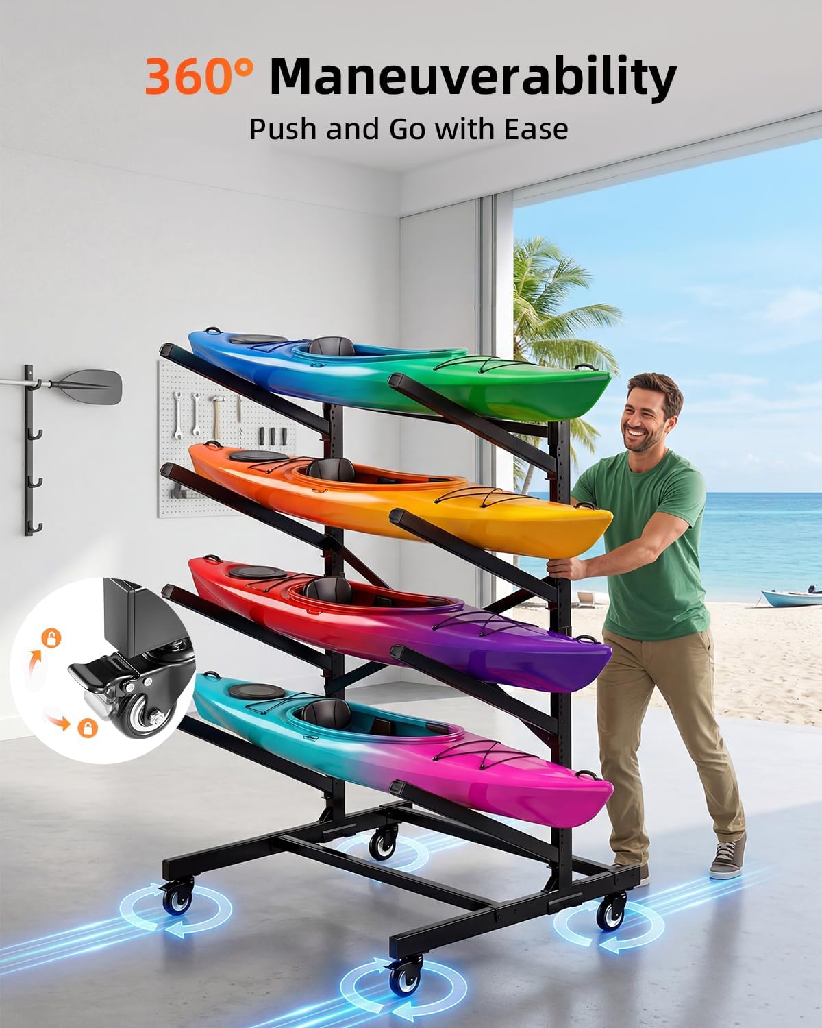 2/4-Tier Double-Sided Kayak Storage Rack with Wheels, Heavy Duty Freestanding Canoe Stand for 2～8 Kayaks, 600lbs Capacity, Adjustable Arms, Indoor Outdoor Garage