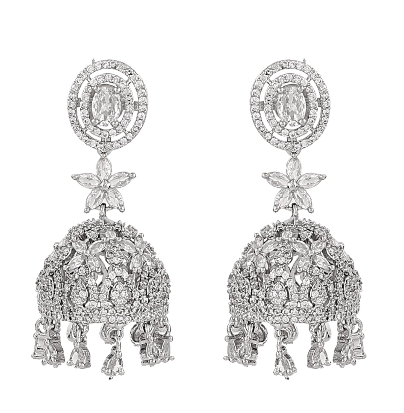 mekkna American Diamond Cubic Zirconia Rhodium Plated Brass Jhumki Earrings for Women | Floral Dangle Drop Earrings-picture-50