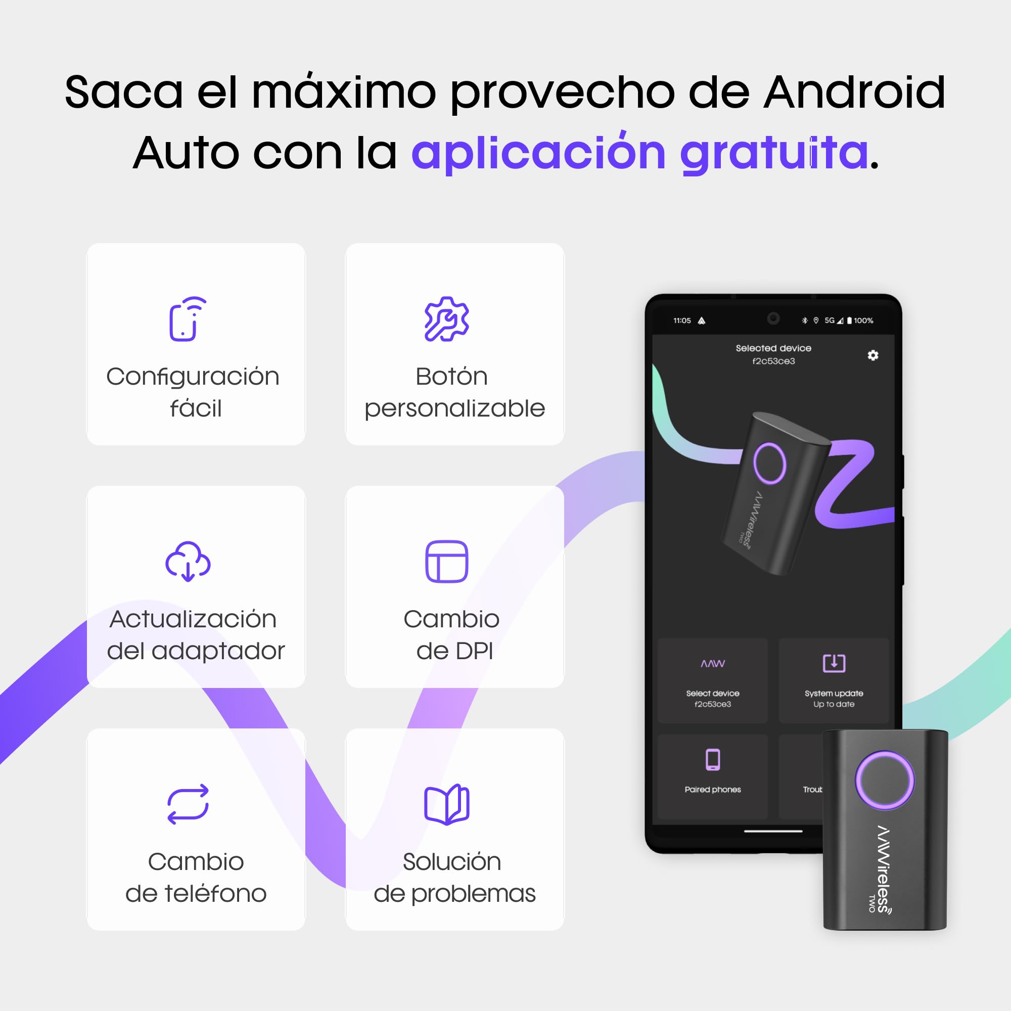 AAWireless Two - Adaptador Android automático inalámbrico - Conversión fácil, Plug & Play, Bluetooth - Fabricado en Europa - Cable negro