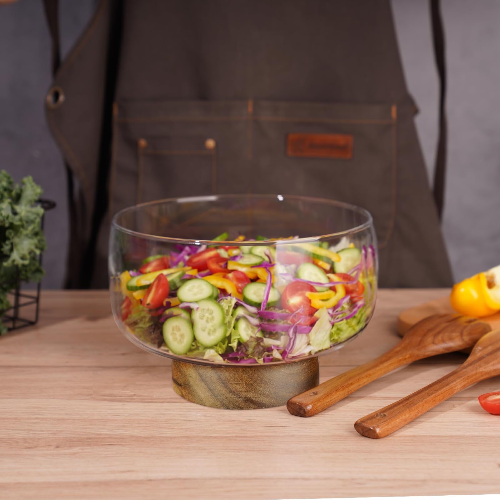 NiHome Grand bol en verre 3,6 l avec support acacia, plat polyvalent pour gâteaux, salades, desserts, présentation élégante pour fêtes, mariages, occasions spéciales