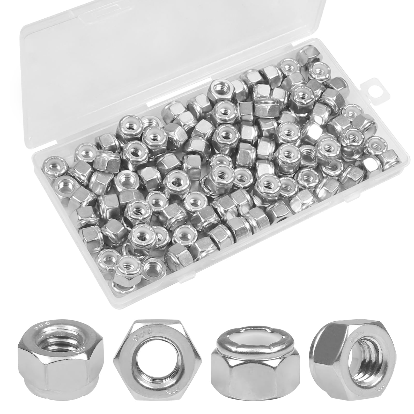 Yinpecly 110PCS 1/4"-20 Nylon Insert Hex Lock Nuts,304 Stainless Steel Locknuts,Hex Drive,Coarse Thread,Self-Locking Nuts for Industrial Construction