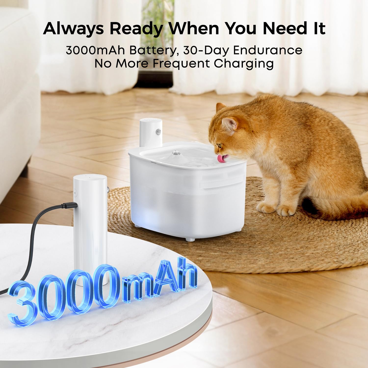 Wireless Cat Water Fountain, Automatic Sensor-Activated Water Dispenser,88oz / 2.6L Rechargeable Battery Operated Cordless Pet Water Fountain for Cats Indoor with Motion Sensor, Ultra Quiet Pump - image 4