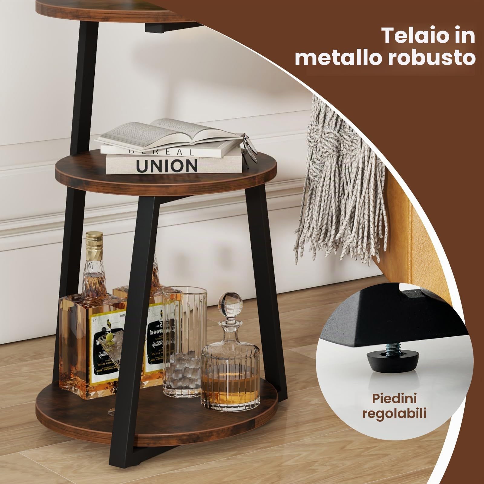 GIANTEX Tavolino a 3 livelli 62 cm, comodino con 3 ripiani in legno, tavolino da caffè con telaio in metallo con piedini regolabili, tavolino rotondo design industriale