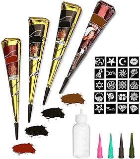 Temporary Tattoos Kit, 4Pcs Semi Permanent Tattoo Paste Cones, India Body DIY Art Painting for Women Men Kids, Summer Trend Freehand Plaste with 3 Colors,20Pcs Adhesive Stencil,1Pc Bottle,4Pcs Nozzles