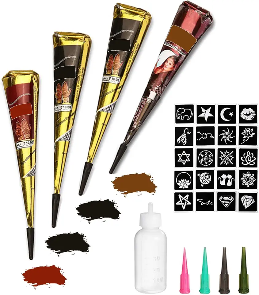 Kit de tatuagens temporárias, 4 peças de cones de pasta de tatuagem semipermanentes, pintura artística faça você mesmo do corpo da Índia para mulheres, homens, adolescentes, tendência de verão, plasto