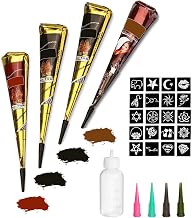 Temporary Tattoos Kit, 4Pcs Semi Permanent Tattoo Paste Cones, India Body DIY Art Painting for Women Men Kids, Summer Trend Freehand Plaste with 3 Colors,20Pcs Adhesive Stencil,1Pc Bottle,4Pcs Nozzles