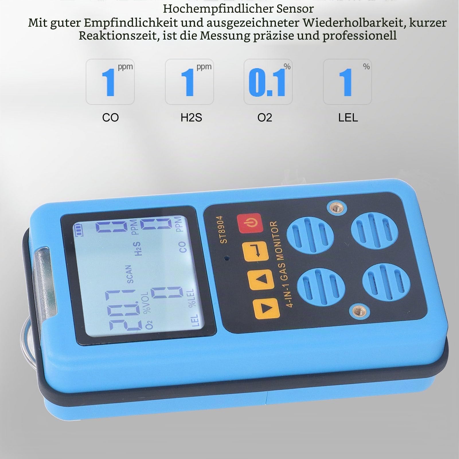 Gasdetektor, 4-in-1 CO H2S O2 LEL Wiederaufladbarer Multigasmonitor, Luftqualitätstester-Analysator, Gasschnüffler mit Hintergrundbeleuchtetem LCD-Display,