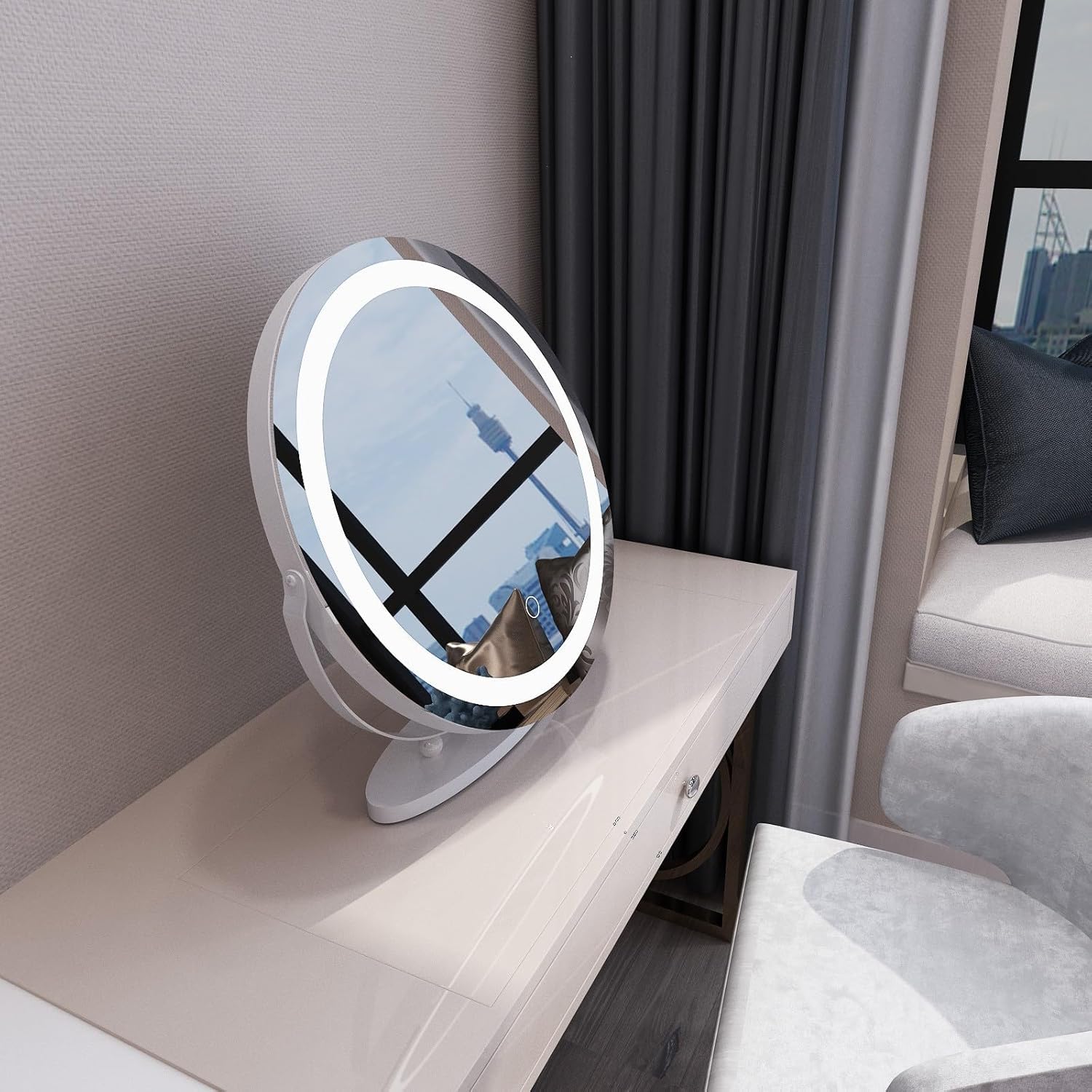 MIQU Espejo Maquillaje con Luz 50x50cm,Espejo Tocador Hollywood Redondo con LED,3 Modos de Luz,Intensidad Ajustable,Rotación de 360°,con Control Táctil,Blanco Marco de Metal,para Mesa