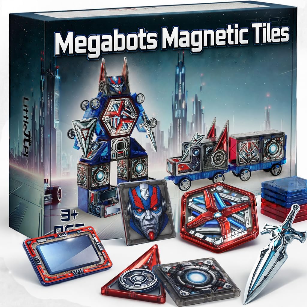 Little Pi Transformer Toys MegaBots Azulejos magnéticos, juguete robot transformador | Plástico ABS duradero, ingeniería STEM, espada y escudo, regalo para niños sin pantalla de 3, 4, 5 y 6 años, construye escenas de torres y bases de vehículos