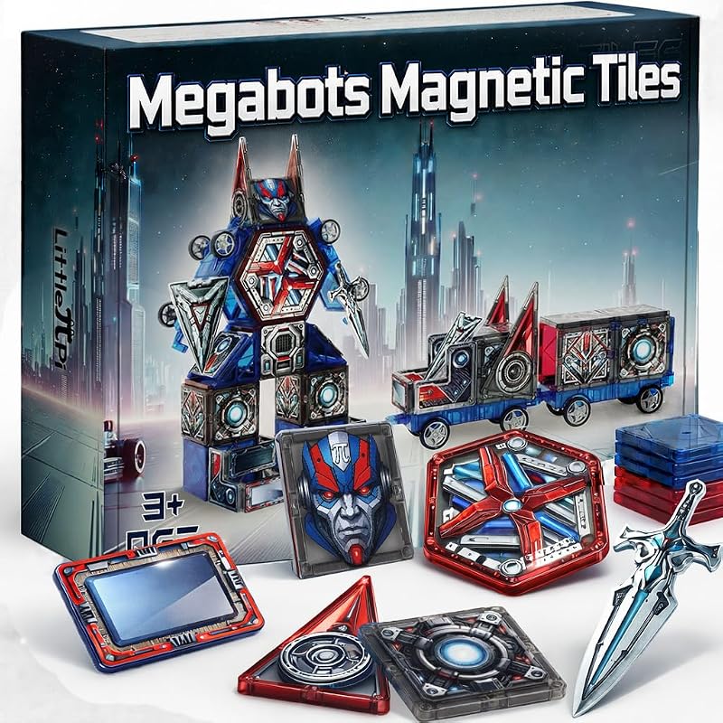 Little Pi Transformer Toys MegaBots Azulejos magnéticos, juguete robot transformador | Plástico ABS duradero, ingeniería STEM, espada y escudo, regalo para niños sin pantalla de 3, 4, 5 y 6 años, construye escenas de torres y bases de vehículos