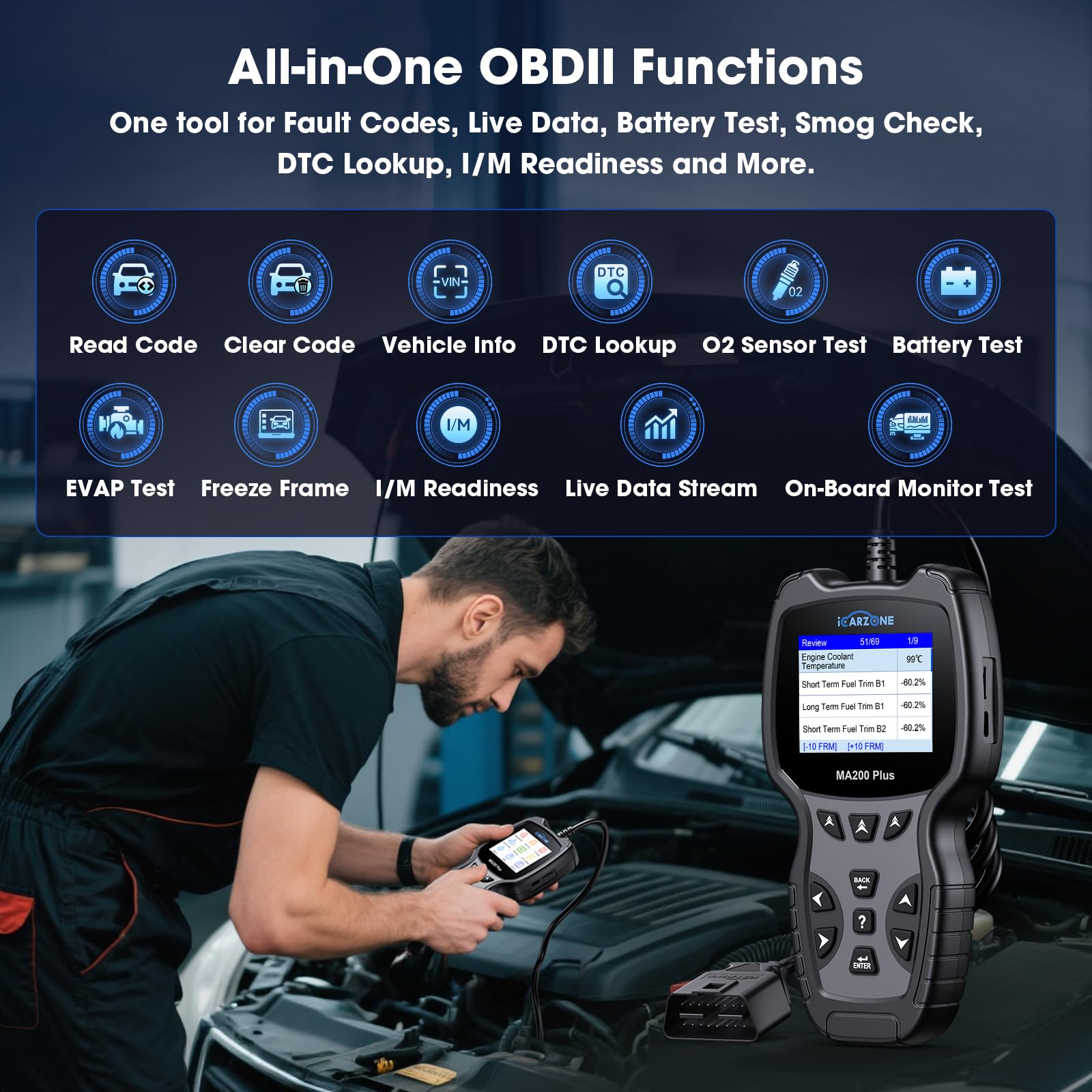 Wszystkie systemy skanera OBD2, MA200 Plus czytnik kodów samochodowych do ponad 10000 modeli samochodów, z 6 usługami pełne OBD2 Live Data Test baterii diagnostycznych narzędzia do skanowania