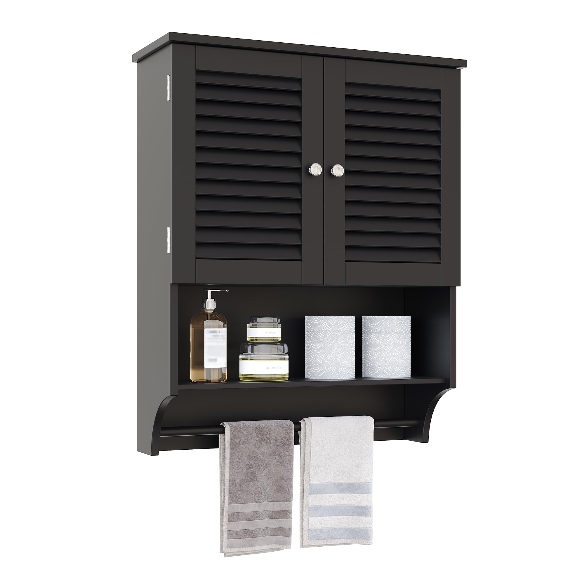 ChooChoo Bathroom Wall Cabinet with Towels Bar, 23.6" L x 8.8" W x 29.5" H MDF Material Medicine Cabinet, 2 Doors Over The Toilet Space Saver Storage Cabinet with Large Space, Black
