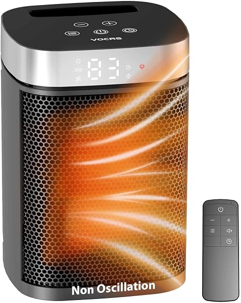 Close-up of the VOCRS portable space heater's digital display and remote control.
