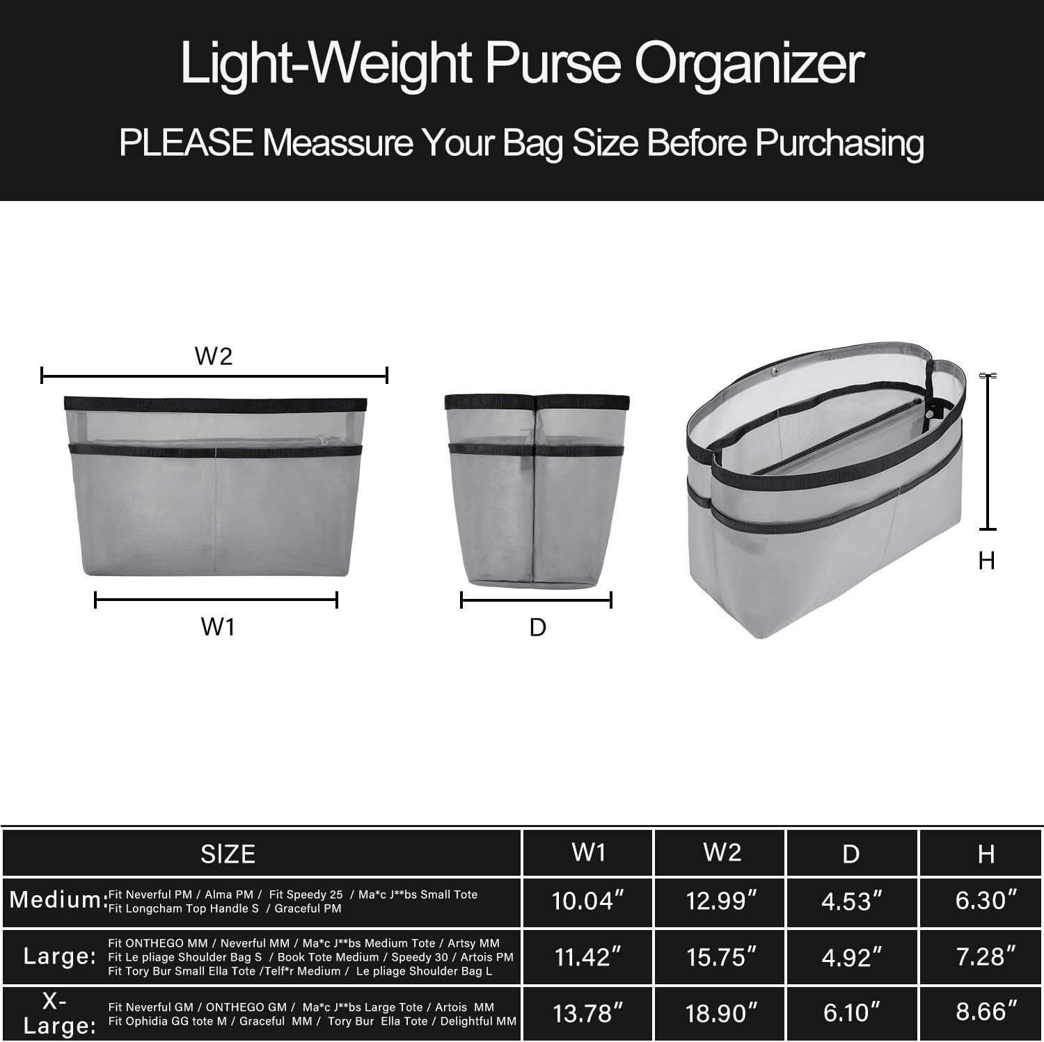 ZTUJO Purse Organizer Insert For Handbags,Mesh Bag Organizer Insert With Zipper Bag Tote Shaper Fit Speedy Neverful PM MM le Pliage,Light Weight (Grey, X-Large)