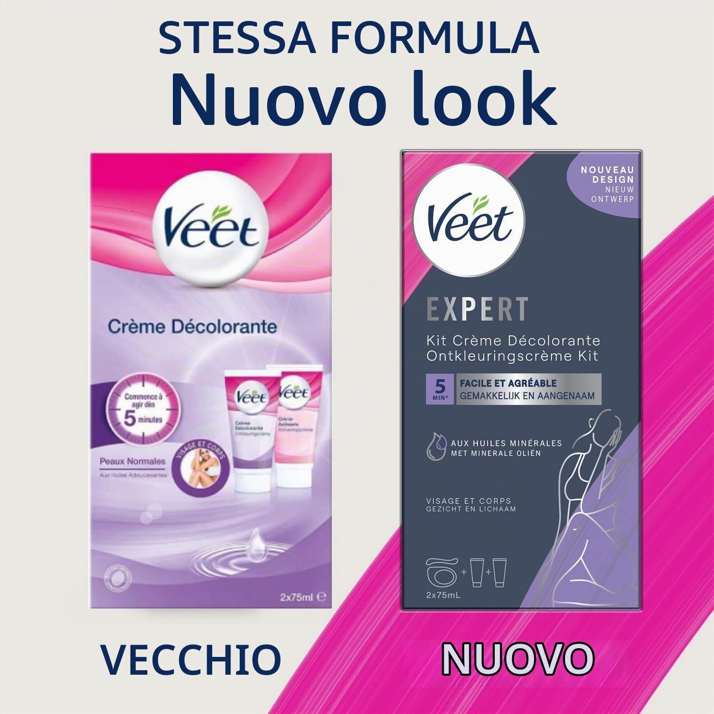 VEET Crema decolorante viso e corpo, 2 flaconi da 75 ml, confezione da 2