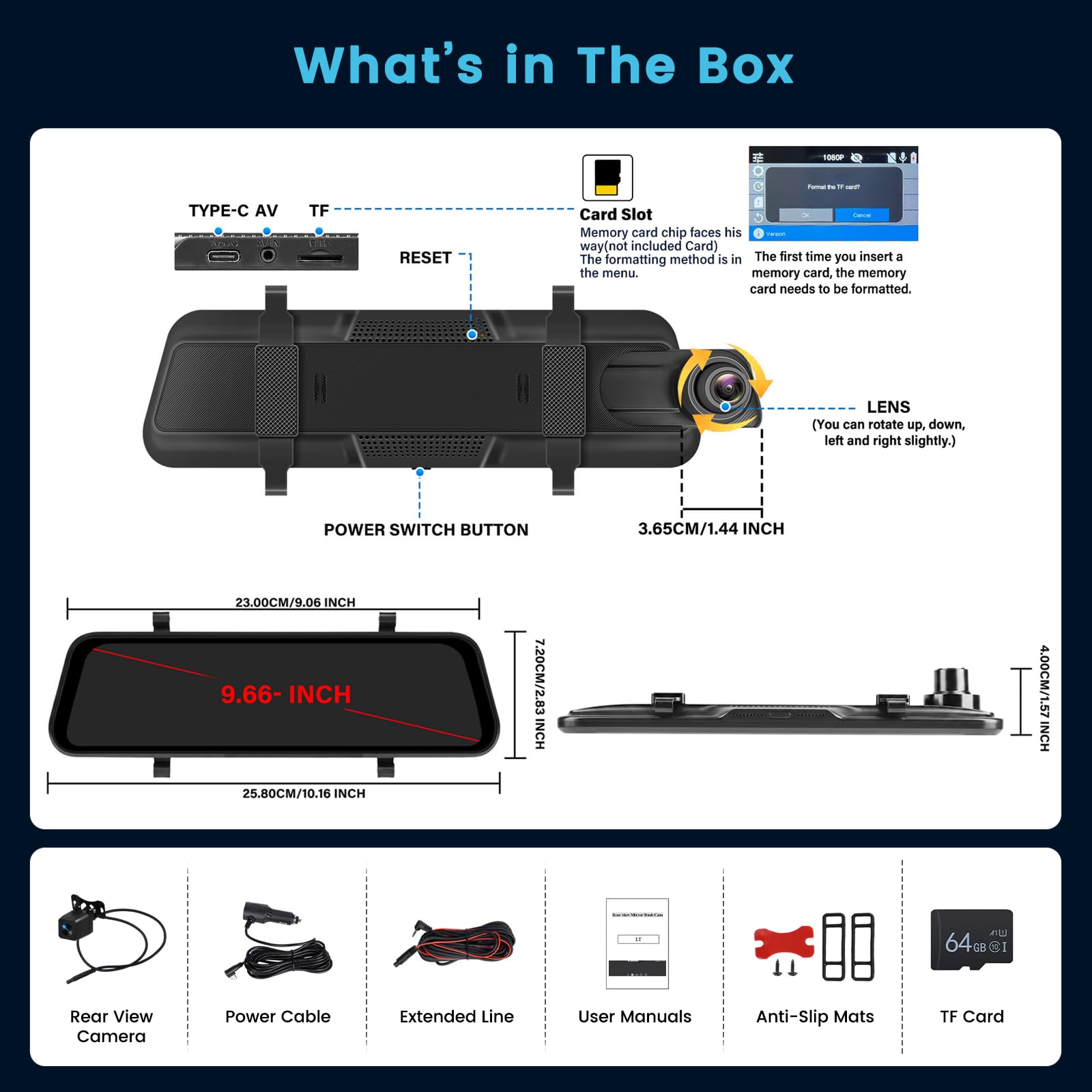 Inefala 9,66" Dashcam Espejo Retrovisor 4K+1080P WiFi con Tarjeta SD 64GB