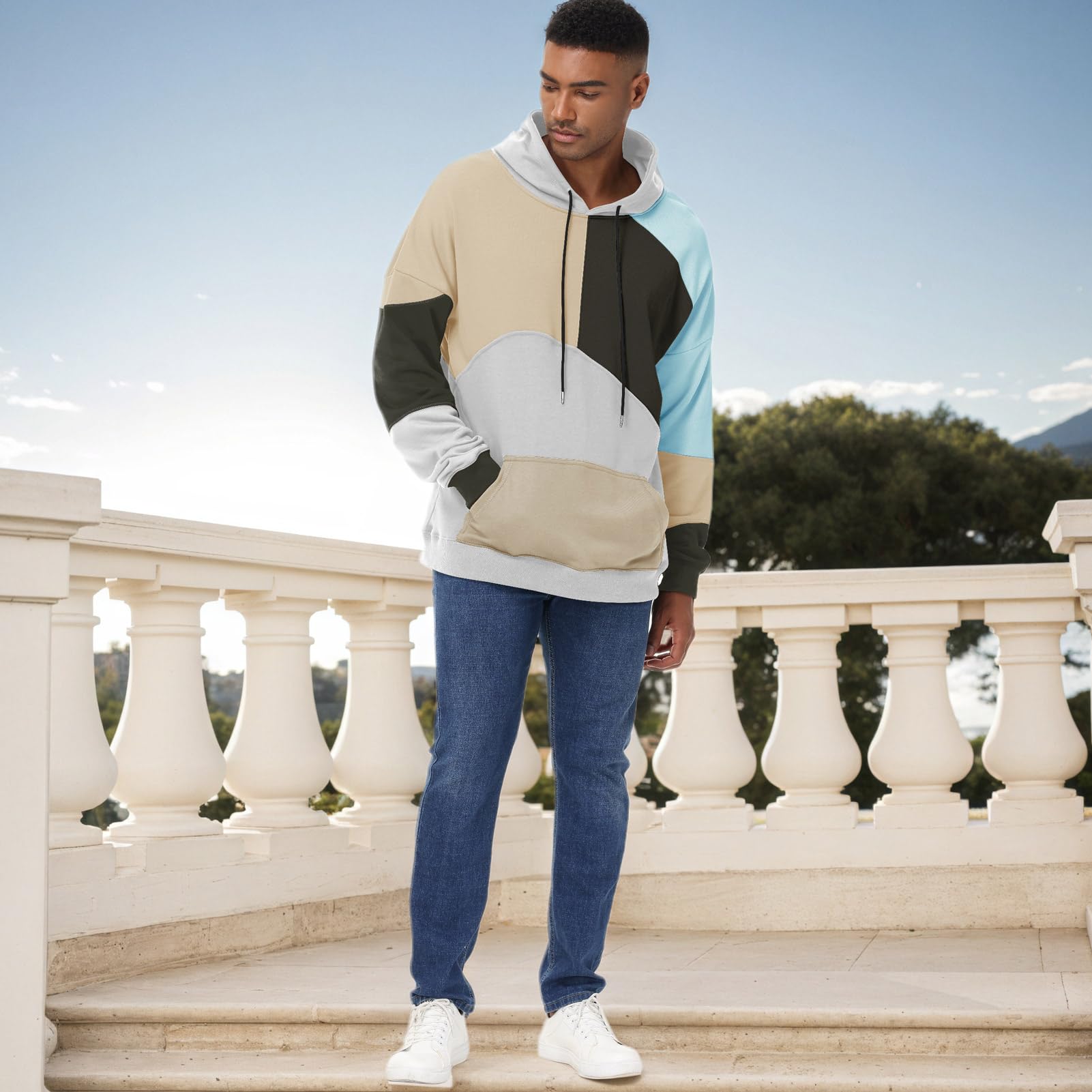 Felpa da Uomo con Cappuccio Techwear Hip Hop Unisex Streetwear Patchwork Jumper Sportiva Maglia