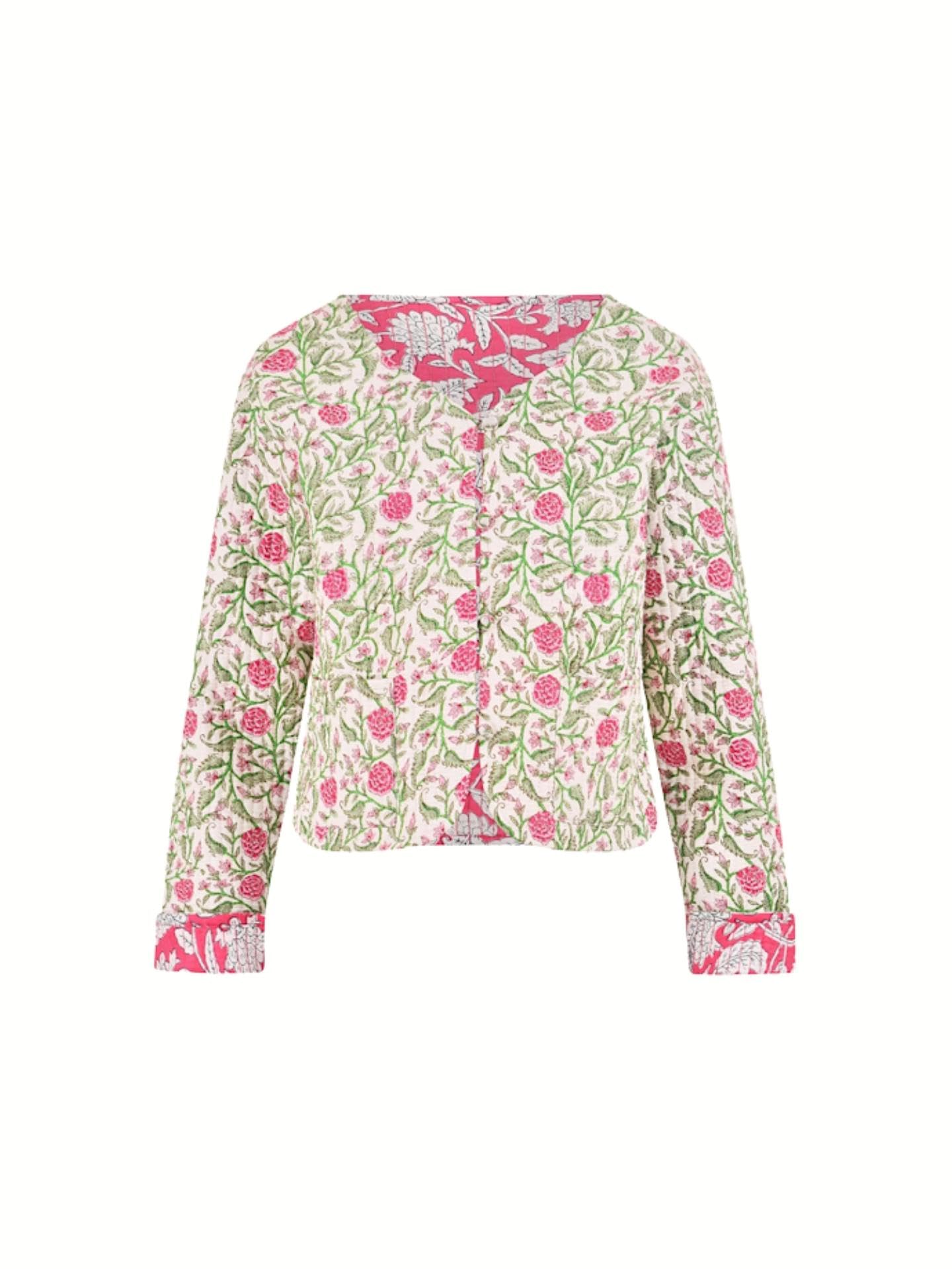 Yumi Women's White Floral Reversible Cotton Quilted Jacket - Size 16 Uk