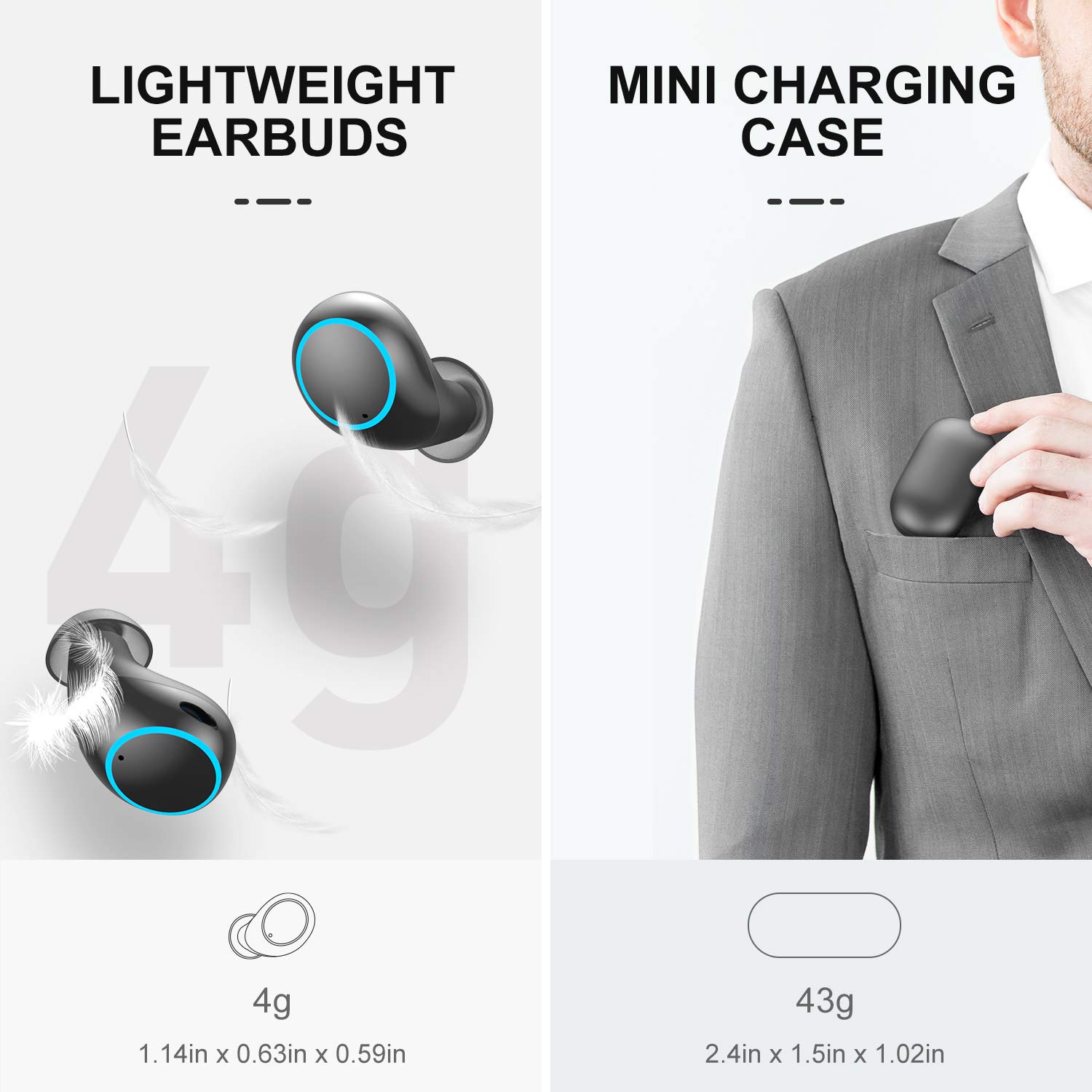 Lightweight Aufo M1 Earbuds and Mini Charging Case with dimensions