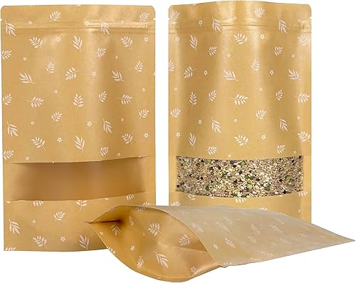 100 bolsas de pie con ventana, bolsas de papel kraft con cierre de cremallera, 7 x 10.2 pulgadas, bolsas de pie reutilizables, bolsas de