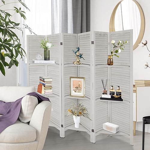 Miniatura 7 de Babion Divisor de habitación de 6 paneles con estantes, divisor de habitación plegable de madera, pantalla divisora de habitación de pared temporal,