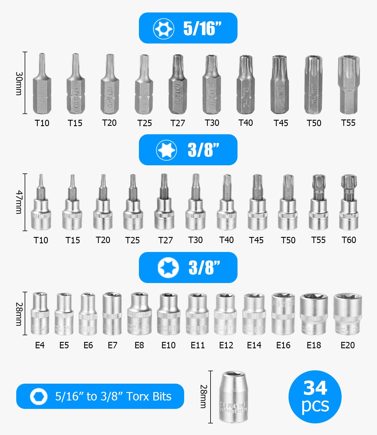 Bixury Juego de 34 llaves de vaso Torx para interior y exterior y S2 Bits hexagonales, 3/8 pulgadas, 10 mm, T10-T60 5/16 pulgadas, 8 mm, T10-T55, 10 mm, tuerca E4-E20
