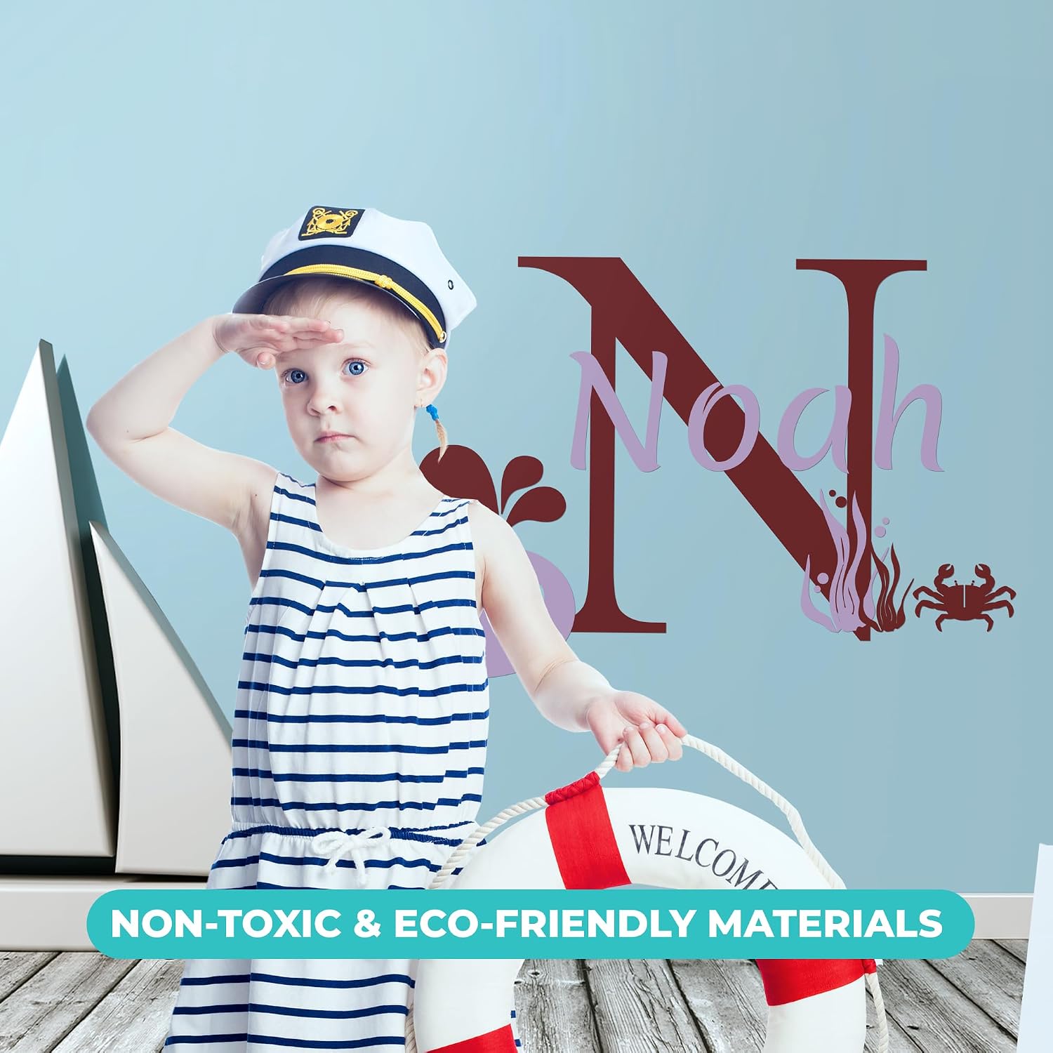 Custom Name Whale Crab - Nautical Theme - Baby Boy Girl Decoration - Mural Wall Decal Sticker for Home Interior Decoration Car Laptop (AM) (Wide 40" x 26" Height)