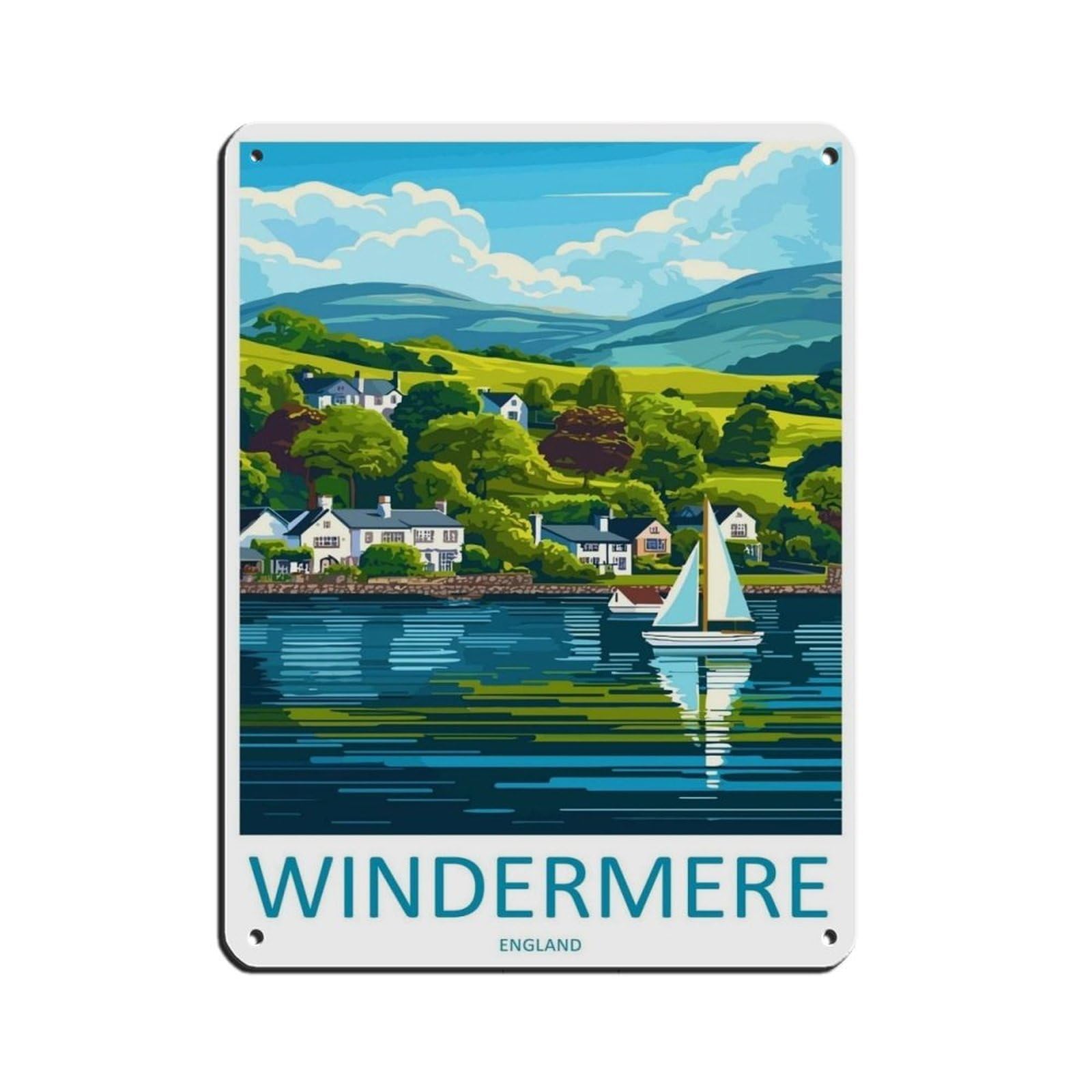 Windermere Cartoon Travel Poster Lake District Art Tin Sign Vintage Metal Pub Club Cafe Bar Home Wall Art Decoration Poster Retro 12x16inch(30x40cm)