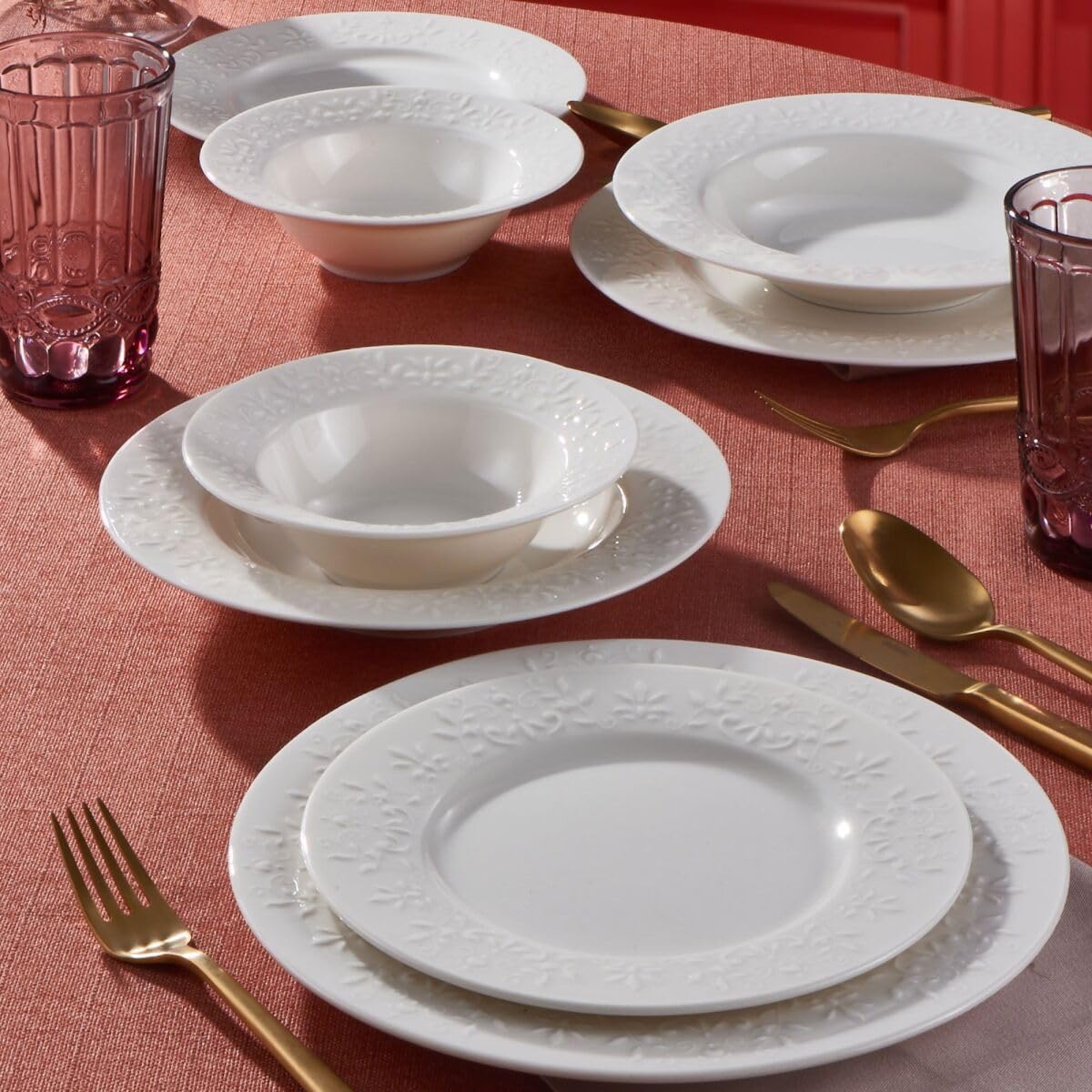 NORDIC SCHILLER Porzellan Tafelservice, 6 Personen, 24-tlg., Dilruba Series | Geschirr Set mit Reliefmuster, Teller Set, Essteller, Dessertteller, Servierteller