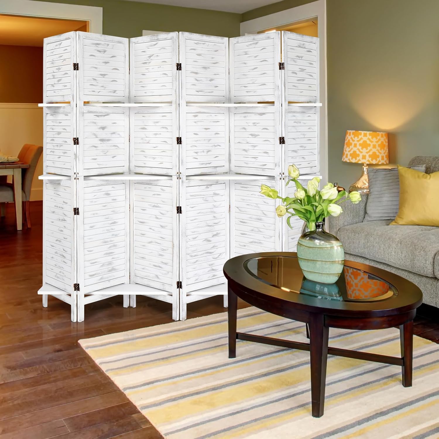 Bonnlo 6 Panels Wood Room Divider with Shelves, 6 FT Height Folding Privacy Screens, Indoor Freestanding Room Partition Wall Divider, Hinged Space Separator (Grey, 6 Panel)