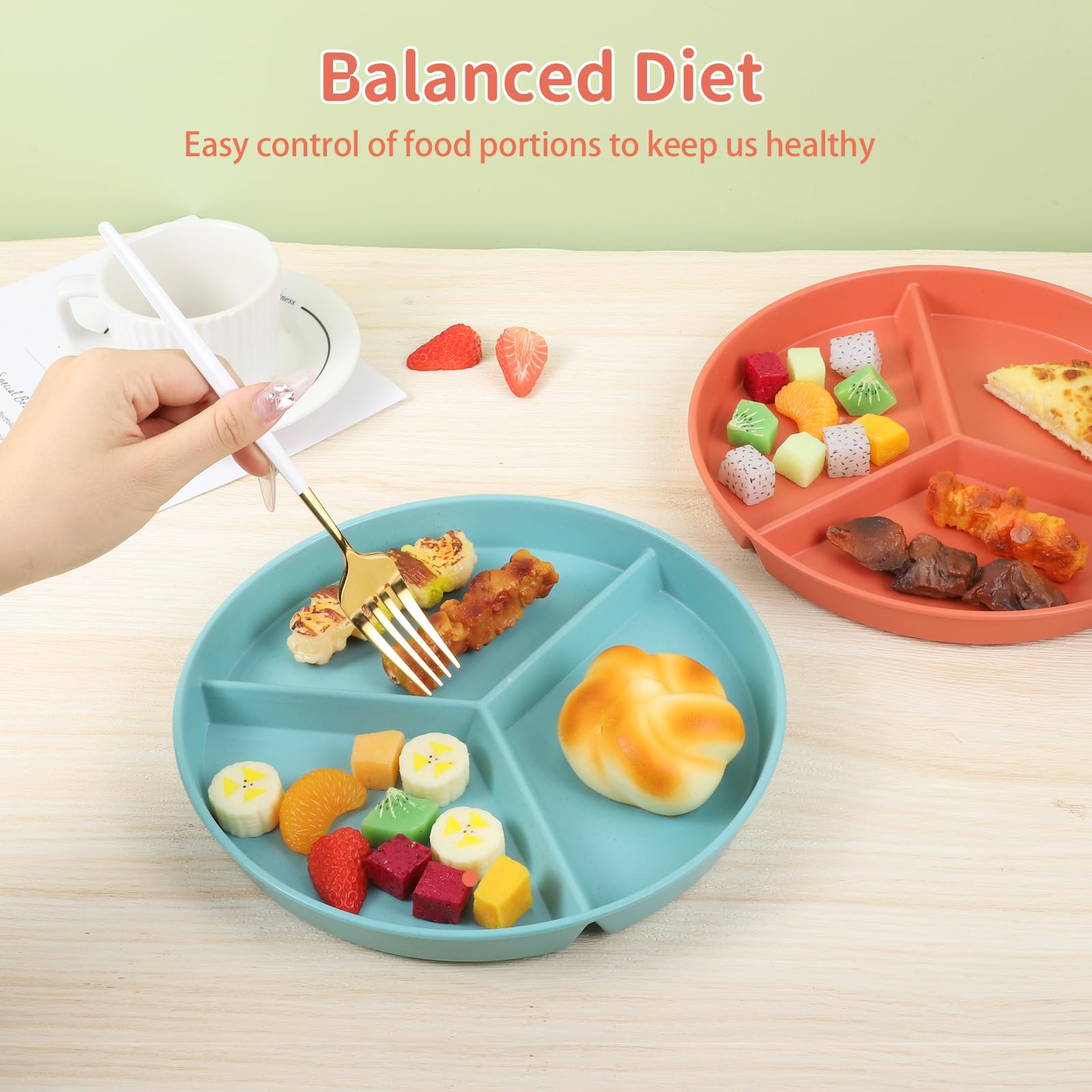 Lanjue 4Pcs Divided Dinner Plates, 9 inch Unbreakable Portion Control Divided Diet Plates Reusable Picnic Plates for Adult Children Kids - Image 3