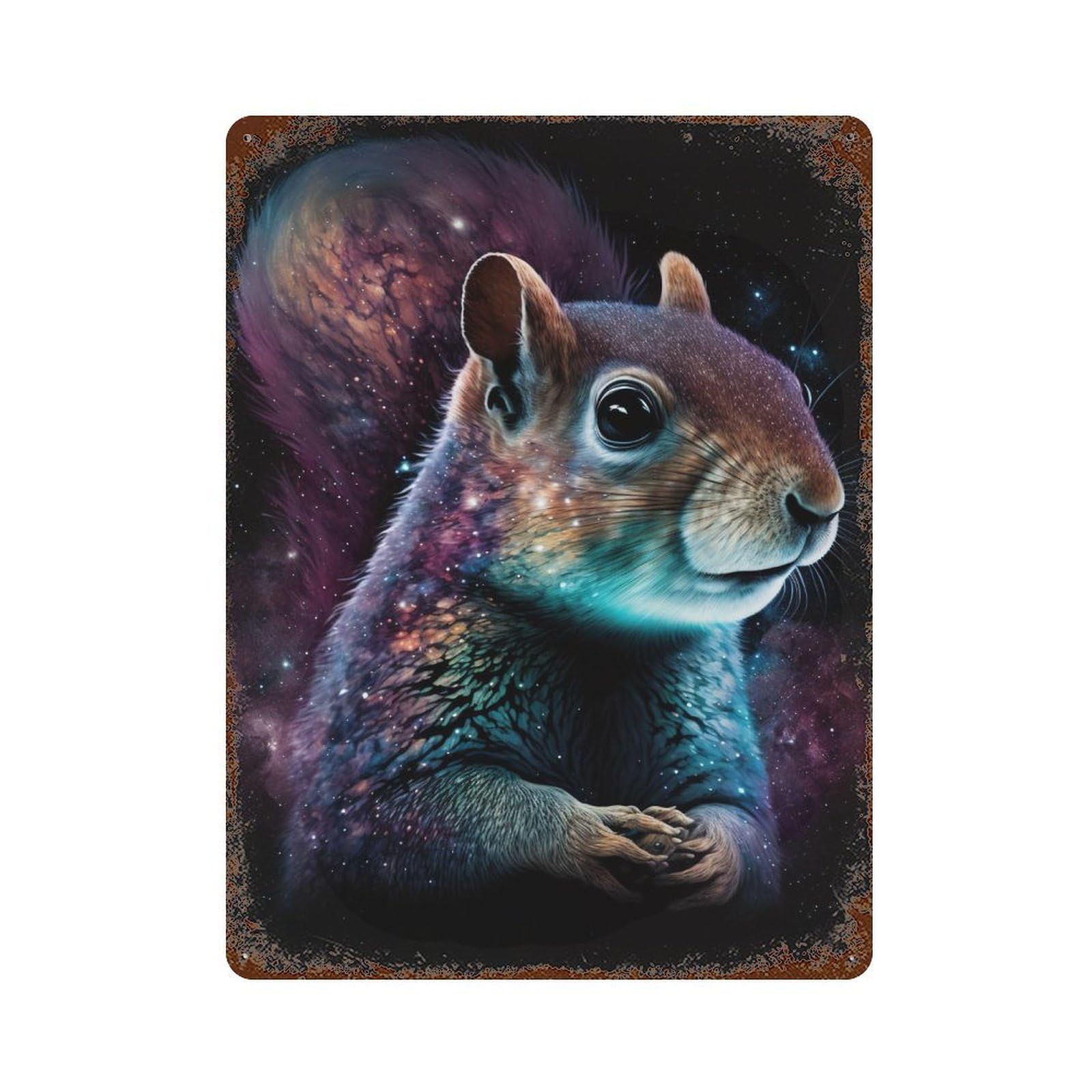 Weathered Tin Sign Cosmic Squirrel Art Print-1 15.7"x11.8", Rustic Home Decor for Bistro, Counter And Cafe Decor
