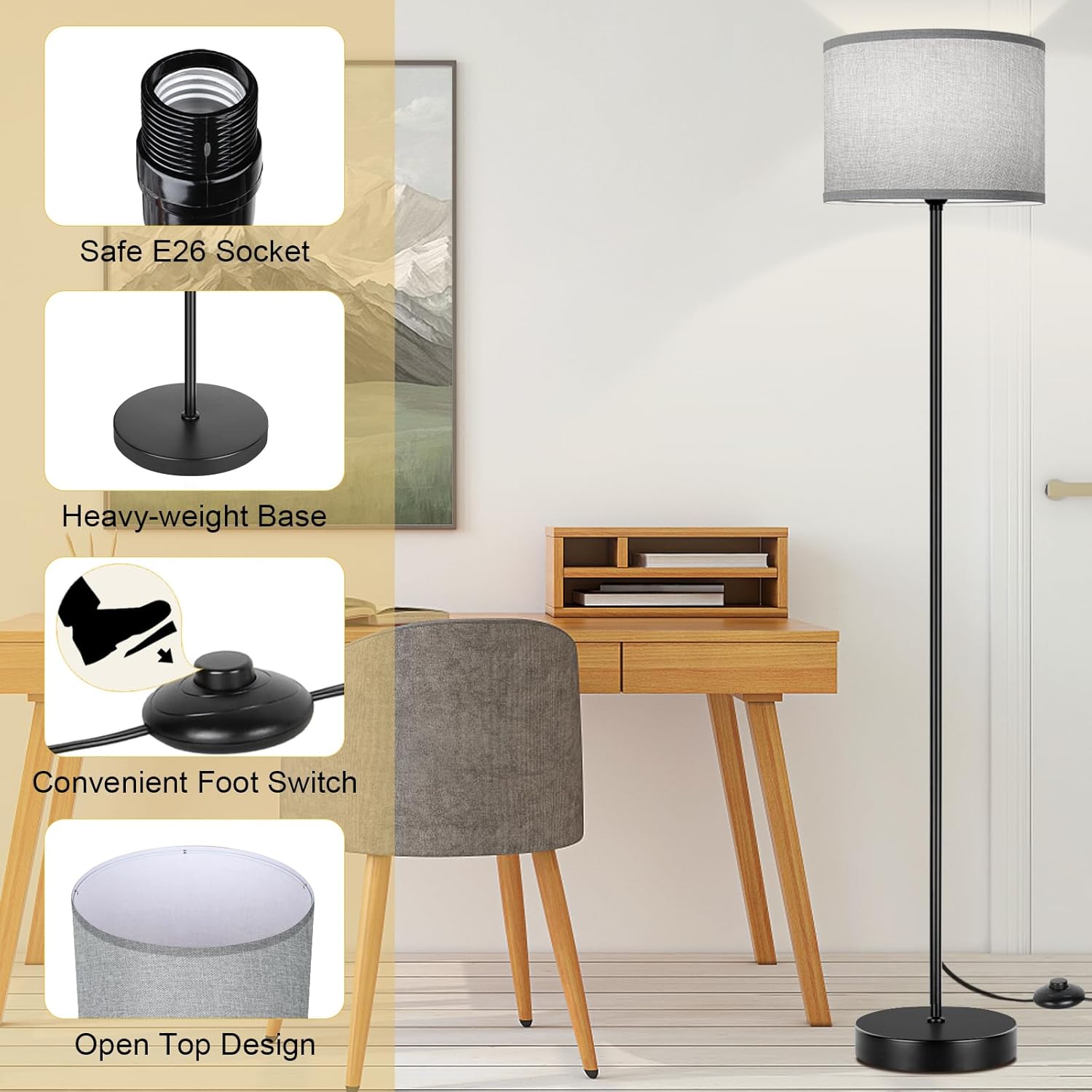65’’ Tall Floor Lamp for Bedroom, Living Room Pole Floor Light with Grey Shade, Dimmable Standing Floor Lamp with 3-Color Changing LED Bulbs, Simple Design E26 Stand-up Lamp with Foot Switch