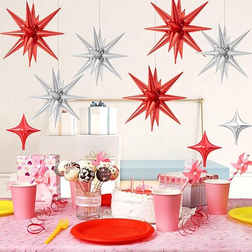 Miniatura 6 de 18 globos de estrella rojos y plateados, globos plateados y rojos con 6 globos de estrella en explosión de 22 pulgadas, 12 globos de aluminio de
