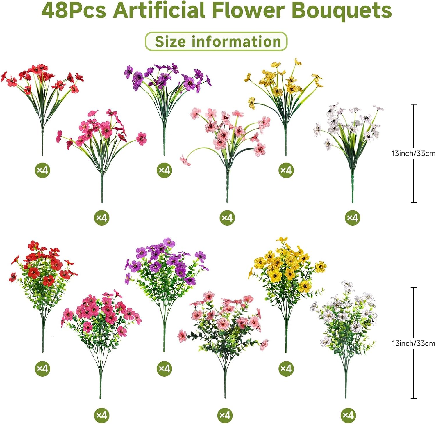 Alupssuc 48 Bundles Artificial Flowers for Outdoors Decoration, UV Resistant Silk Faux Daisy Flora Spring Fake Plastic Plants Greenery for Outside Indoor Yard Home Porch Window Box Decor, Mix 6 Colors