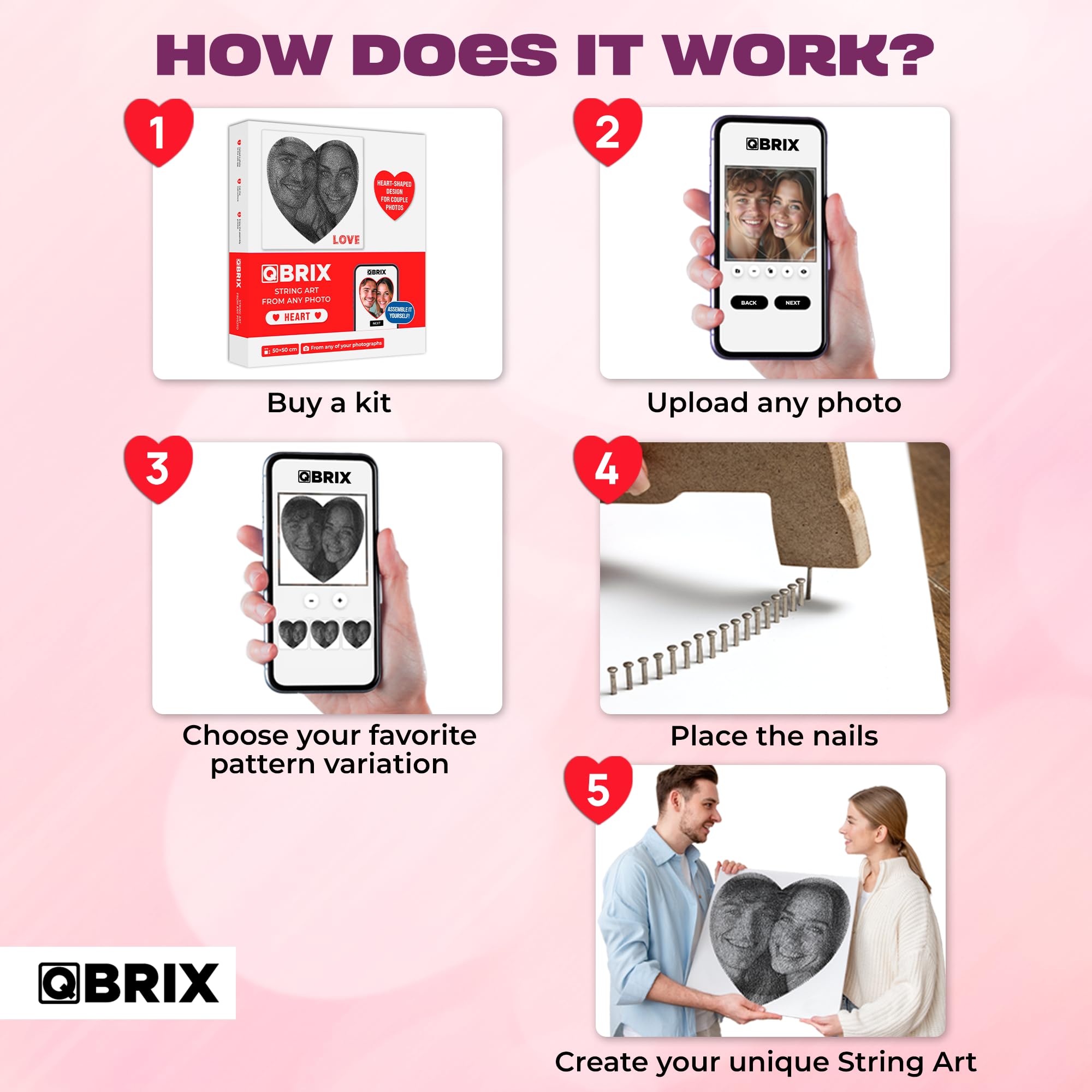 QBRIX Custom Strig Art DIY Craft Zamień dowolne zdjęcie w ręcznie robiony wystrój domu kształt serca